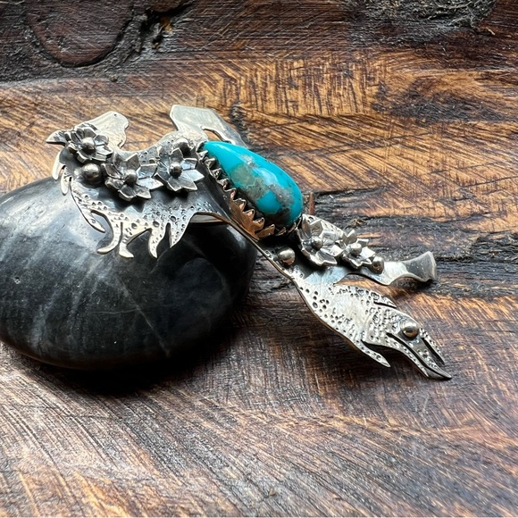 Sterling Silver Rearing Horse Turquoise Pendant Floral Southwestern - Picture 5 of 11